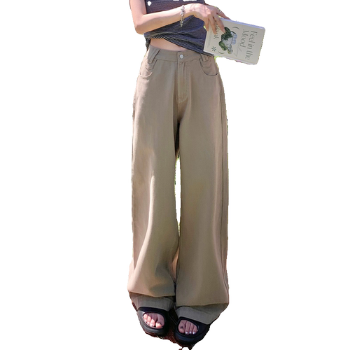 RJVO卡其色垂感牛仔裤女秋季新款宽松高腰拖地阔腿裤时尚直筒长裤