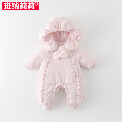婴儿衣服冬装加厚棉衣女宝宝夹棉连体衣冬季外出抱衣百天公主哈衣