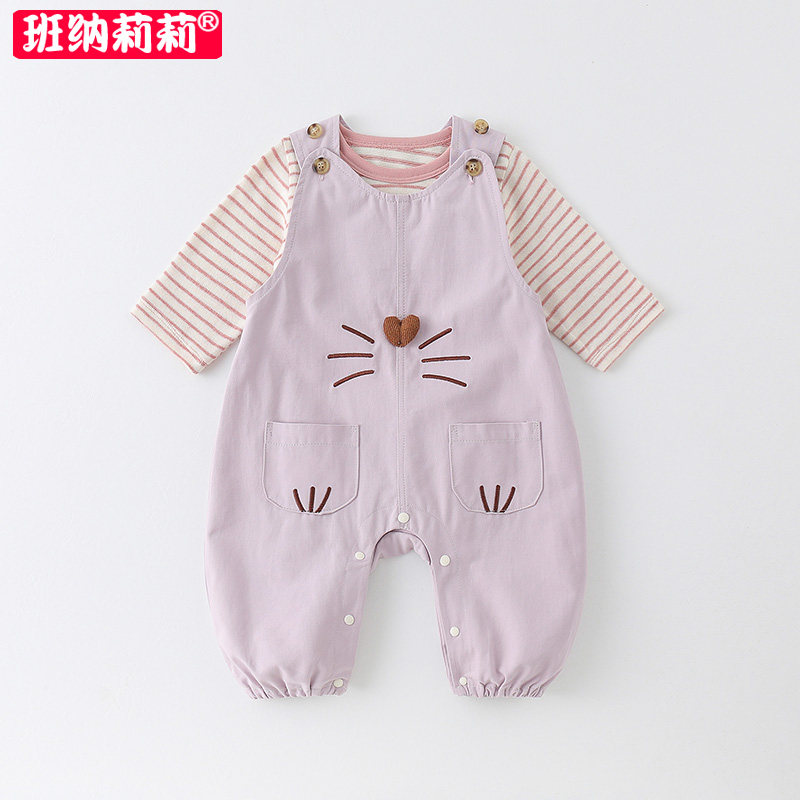 婴儿衣服套装女宝宝秋装背带裤连体衣3-18个月哈衣外出分体二件套