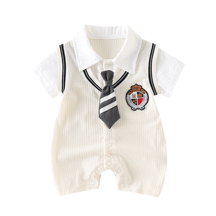 新生婴儿夏装衣服男宝宝夏季学院风短袖连体衣超萌满月百天哈衣薄