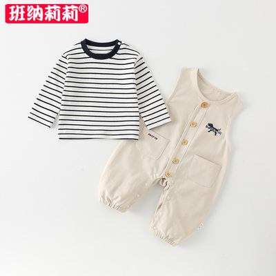 婴儿衣服秋装背带裤套装2025新款韩系小月龄男宝卡通外出服两件套