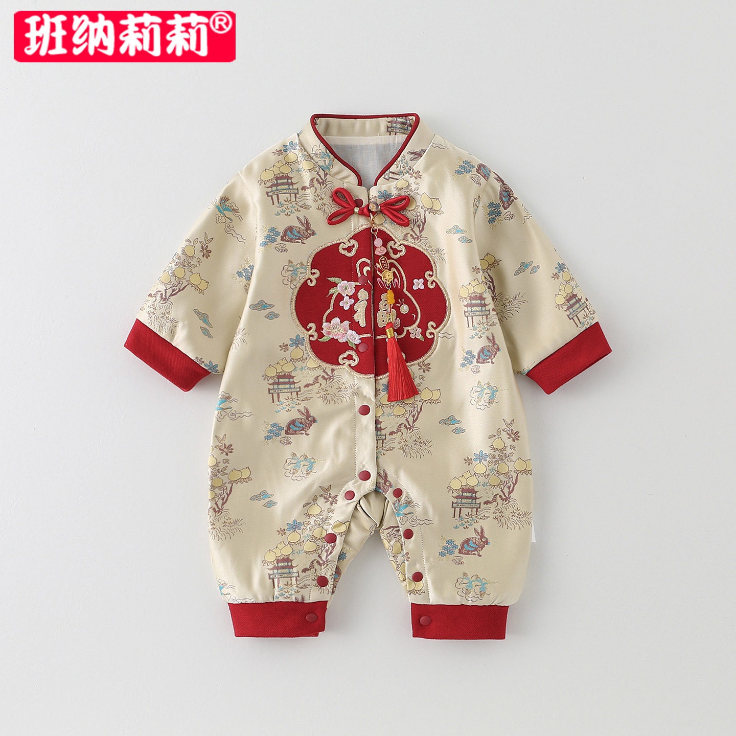 中国风婴儿衣服秋装男宝宝新中式连体衣满月百天周岁红色哈衣爬服