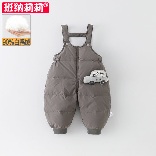 宝宝羽绒背带裤超萌卡通小童连体裤加厚保暖婴幼儿童长裤冬装外出