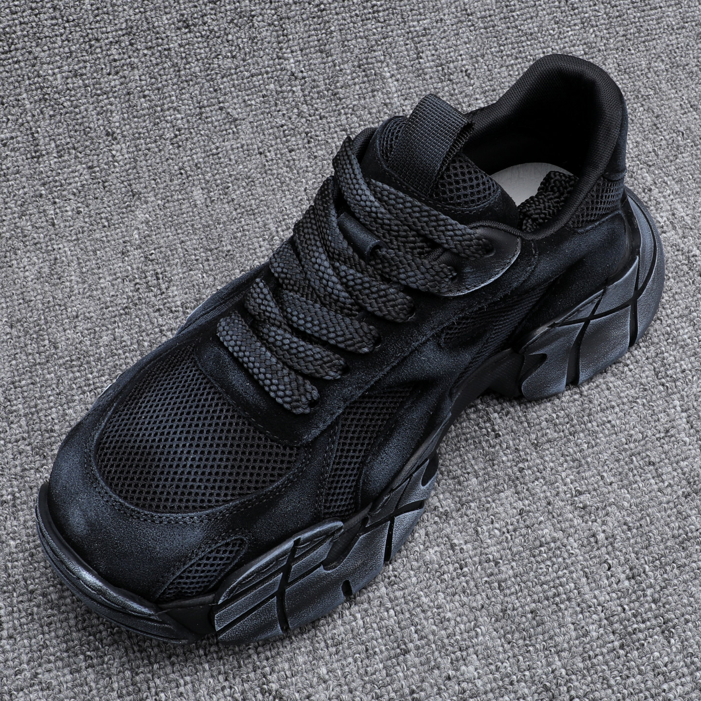 复古厚底老爹鞋男鞋黑色网面透气增高百搭休闲运动鞋真皮拼接潮鞋,流行男鞋,老爹鞋,淘宝优惠券,粉丝福利购,淘宝优惠卷