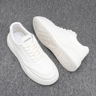 厚底小白鞋男款头层牛皮潮流百搭轻便休闲鞋软底增高系带男士板鞋