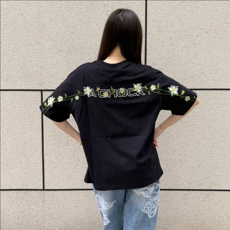 WASSUP花卉刺绣短袖T恤男女2025新款高级感学生宽松纯棉上衣夏潮