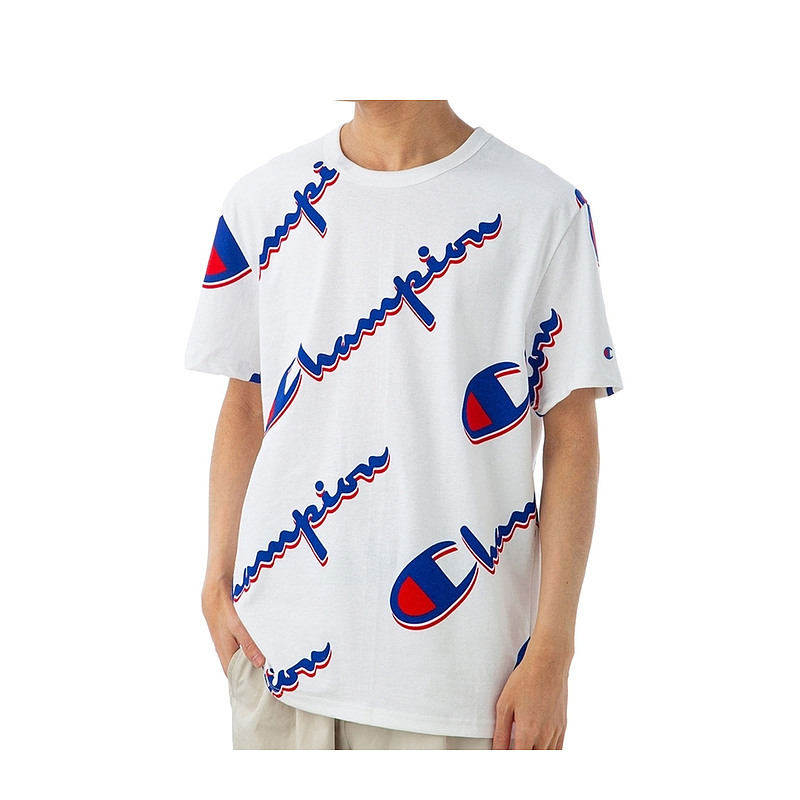 champion美版冠军短袖t恤白色草写印花logo男女情侣同款宽松圆领