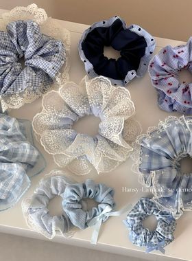 蓝色系大肠圈组合新款小众高级感气质简约格子大肠圈发圈马尾发饰