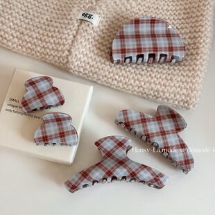 拼色复古格纹醋酸抓夹高级感女半扎发鲨鱼夹马尾小发夹小抓夹发夹