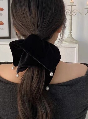超大只真丝~方形圈珍珠发圈头饰丝绒法式发饰蝴蝶结黑色头绳韩国