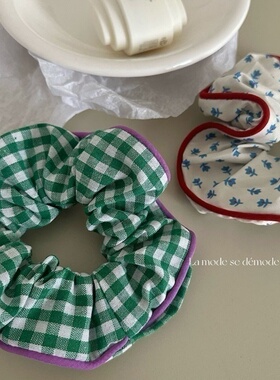 复古港风绿色格纹蓝色小花大肠发圈气质马尾发绳简约网红发饰新款