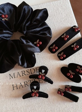 春秋季新款红樱桃复古黑色丝绒小抓夹BB夹甜美可爱刘海夹发饰头饰