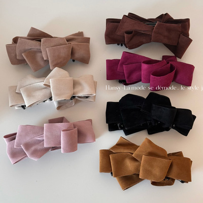 秋冬麂皮绒面多层蝴蝶结香蕉夹韩系气质马尾扎发竖夹扭扭夹发饰女