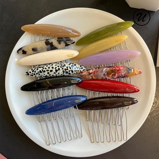 韩国复古金标椭圆倒插梳醋酸边夹高级感百搭一字发梳2025春夏新款