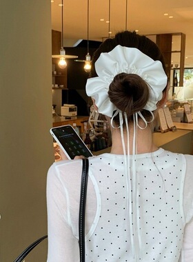 高级感芭蕾风白色缎面蝴蝶结长飘带大肠发圈女马尾扎头发皮筋发饰