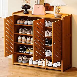 家用门口楠竹新款鞋柜防尘百叶门入户玄关落地鞋架多层收纳大容量
