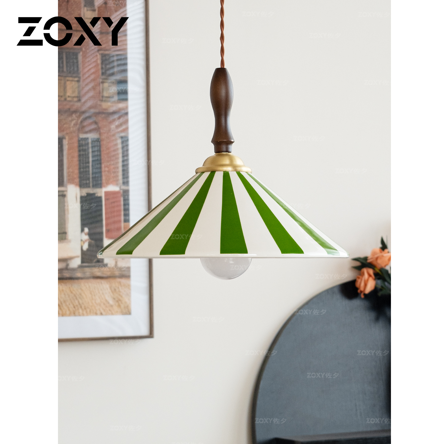 zoxy 法式中古饭厅吊灯复古风怀旧条纹卧室床头餐桌木艺陶瓷灯具