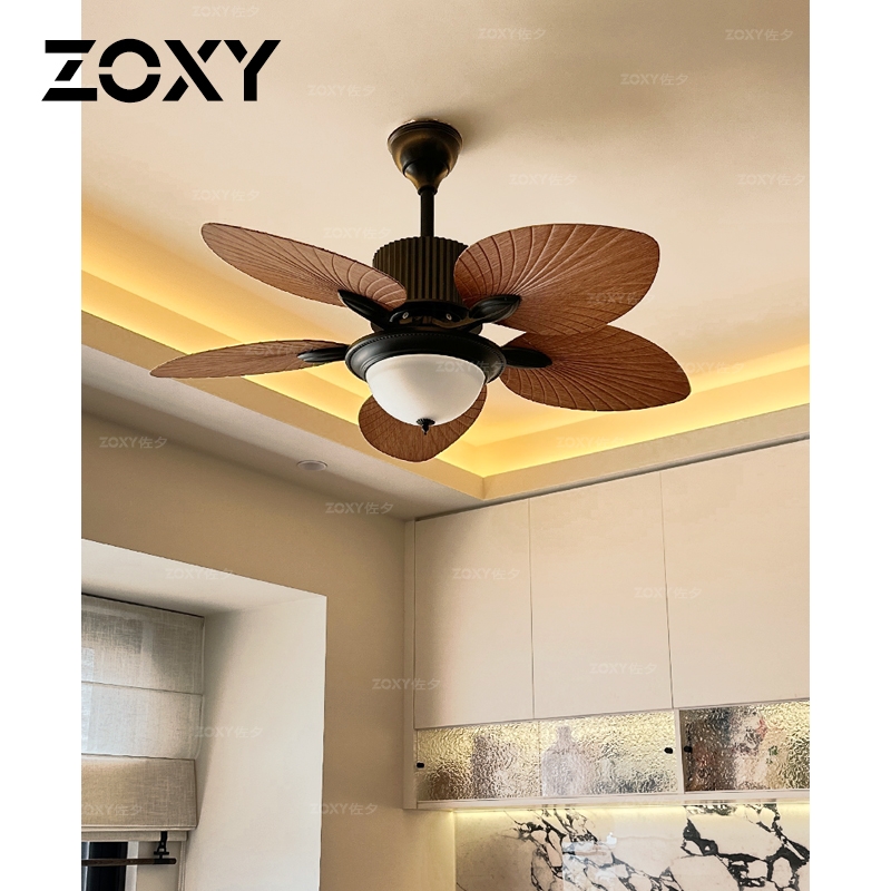 zoxy侘寂风中古芭蕉叶餐厅风扇灯美式复古客厅东南亚风电扇吊灯