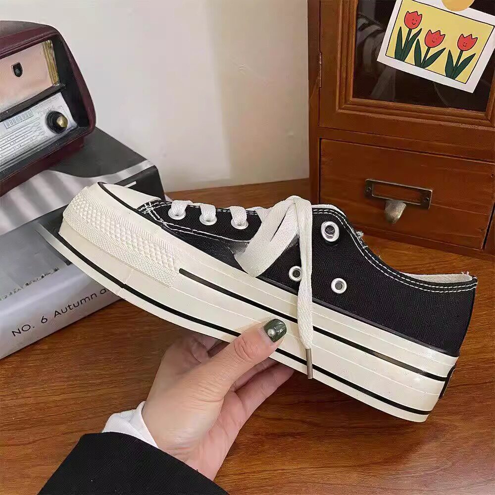 低帮休闲增高帆布鞋厚底红色女款春2026新款百搭低帮板鞋夏季板鞋