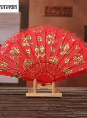 压箱钱贴钱扇子女方结婚翻箱用婚庆品喜字扇型立体植绒布置扇喜