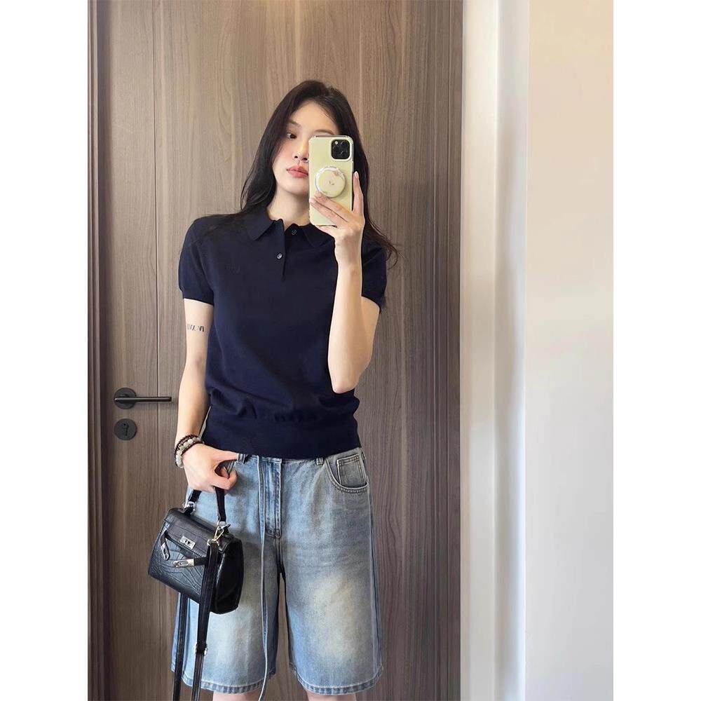 女士正肩针织短袖polo衫miu系藏青色t恤夏季韩版翻显瘦领翻领上衣