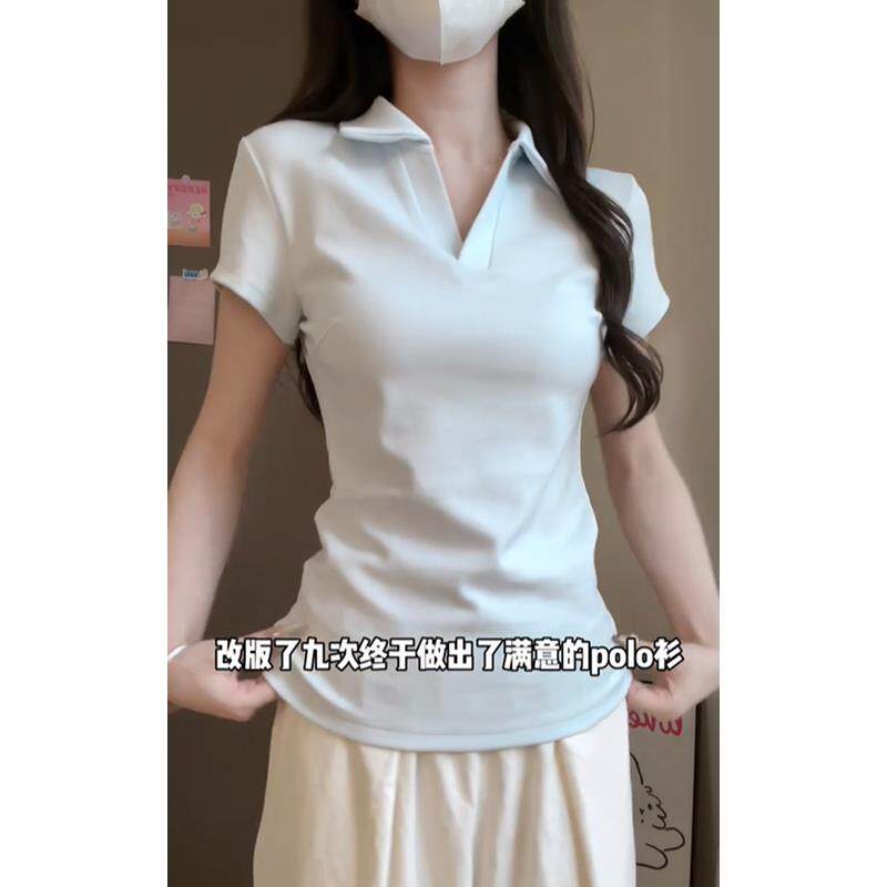 女士修身简约t恤polo衫白色V领舒适短袖2026初夏穿搭褶皱收腰上衣