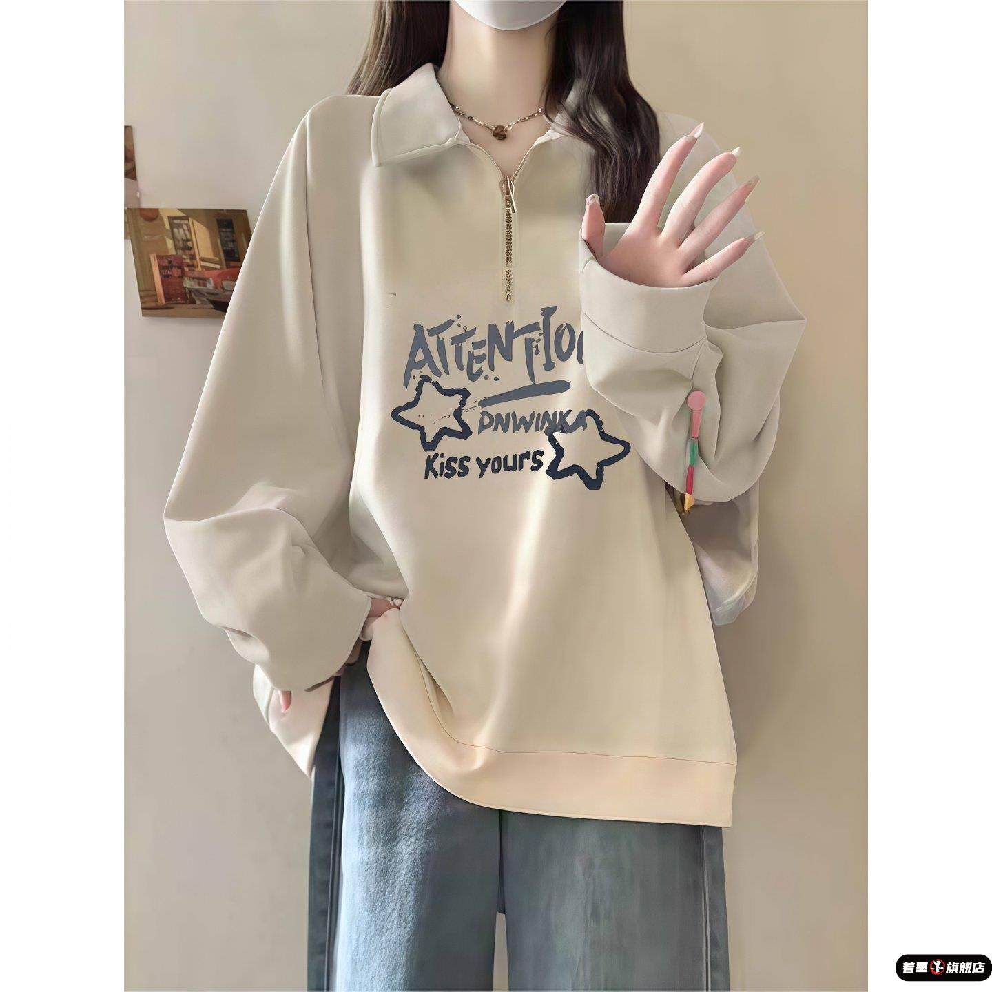 美式半拉链polo领卫衣女大童2025秋冬加绒初中高中学生宽松上衣服