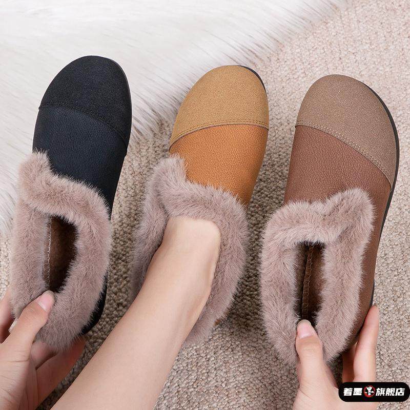 法式覆古勃肯鞋女加绒保暖毛毛鞋2025新款秋冬季软平底孕妇棉单鞋