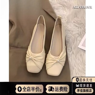 女款百搭浅口平底单鞋法式低跟玛丽珍鞋女2026新款配裙子伴娘瓢鞋