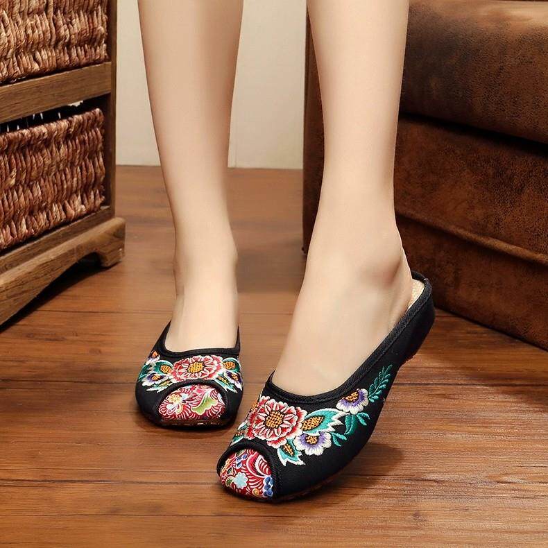 老北京牛筋底手工绣花鞋布鞋女拖鞋女外穿牛筋软底包头民族风日常