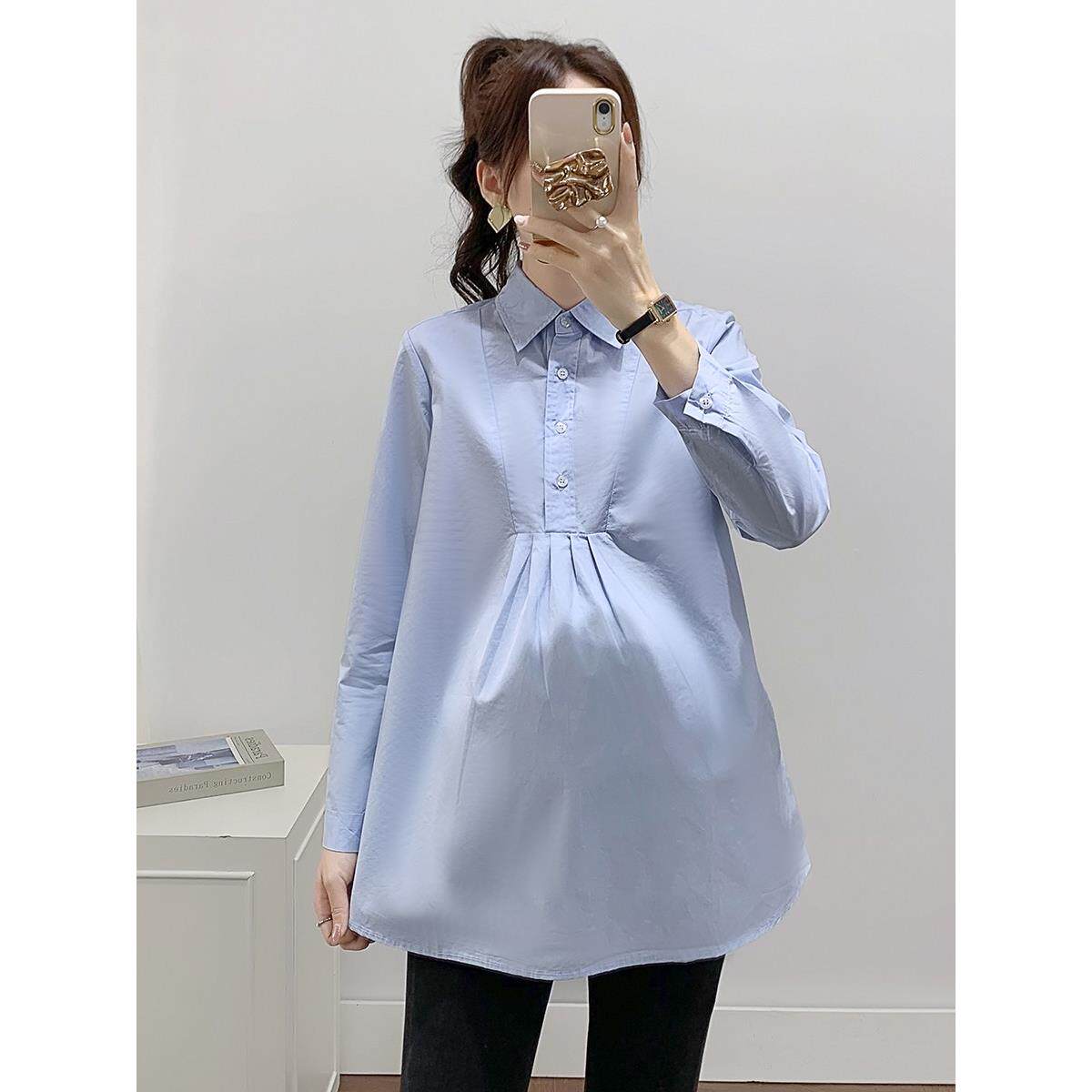 孕妇翻领长袖工作服衬衫职业面试宽松上衣春秋大码工装OL短袖衬衣