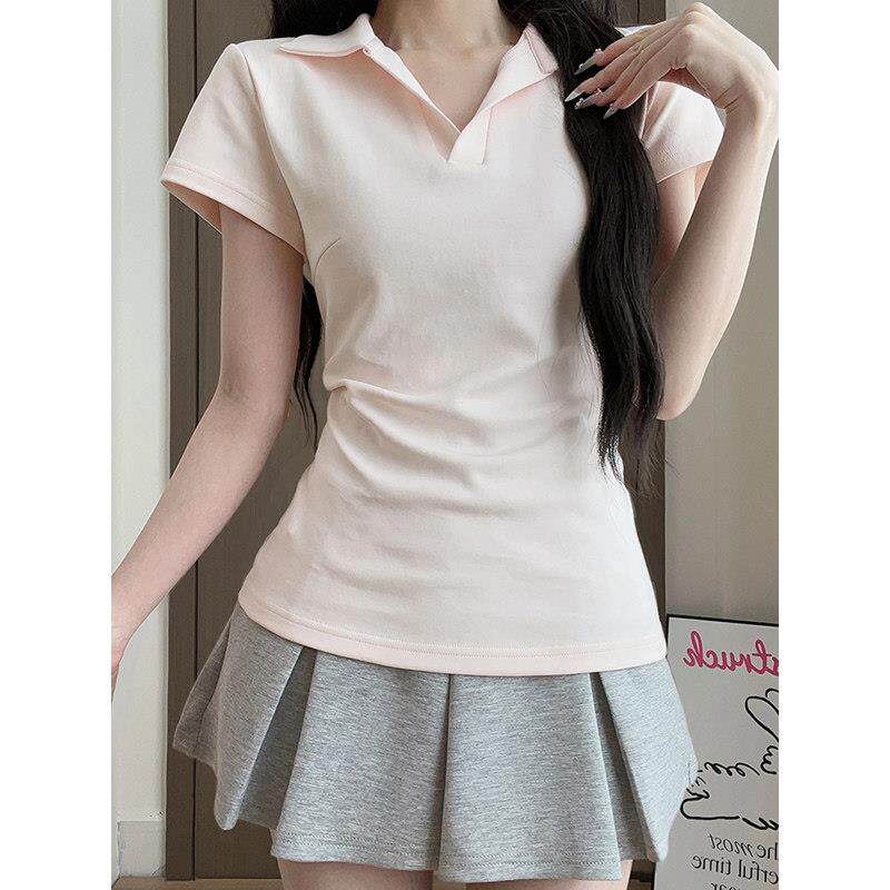 女士修身简约t恤polo衫粉色翻领短袖女2026夏季新款正肩收腰百搭