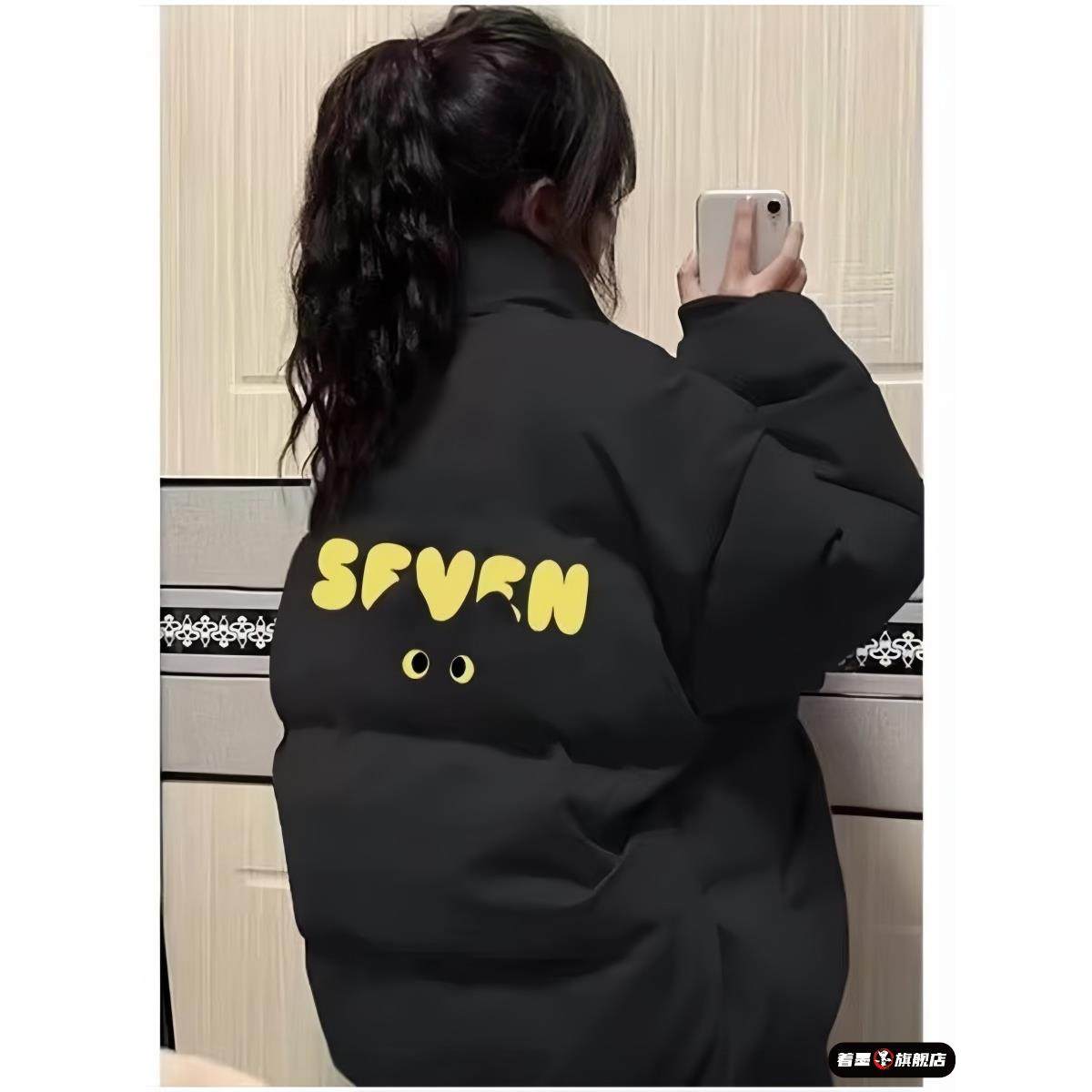 黑色立领羽绒棉服女大童冬季加厚初中高中学生宽松面包服棉衣外套