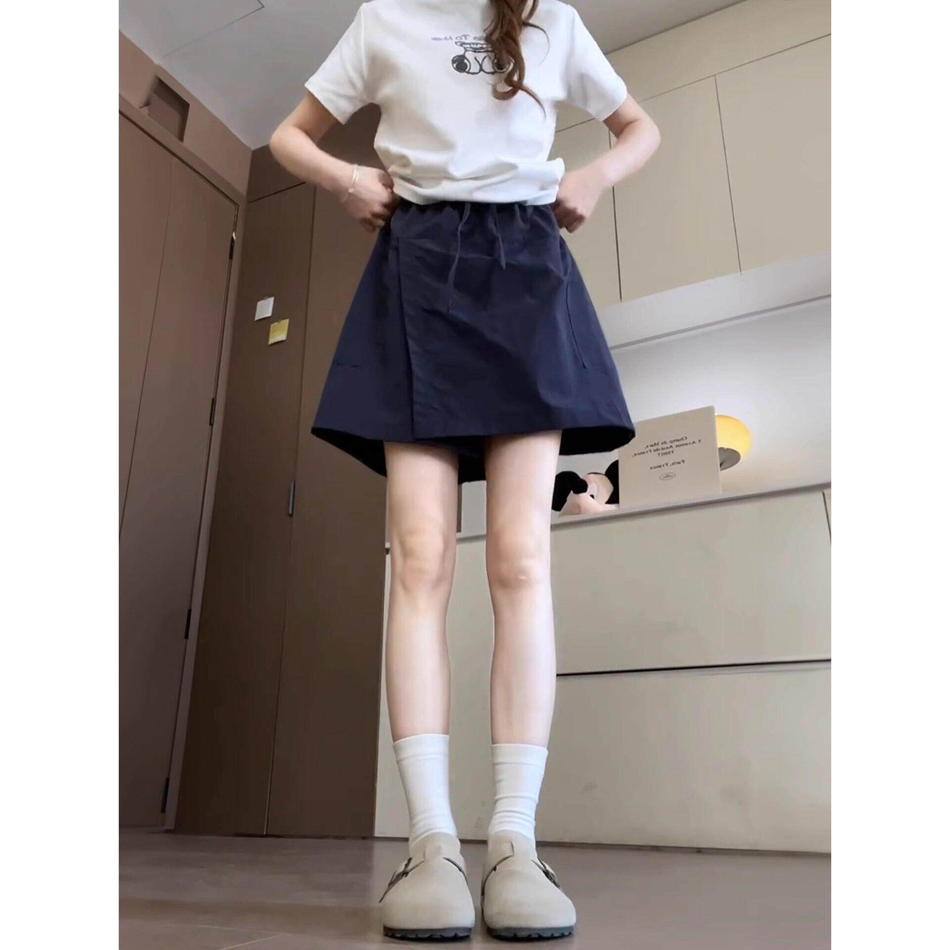 抽绳松紧腰休闲四分裤裙山本工装半身裙裤女士夏季薄款防走光a裤