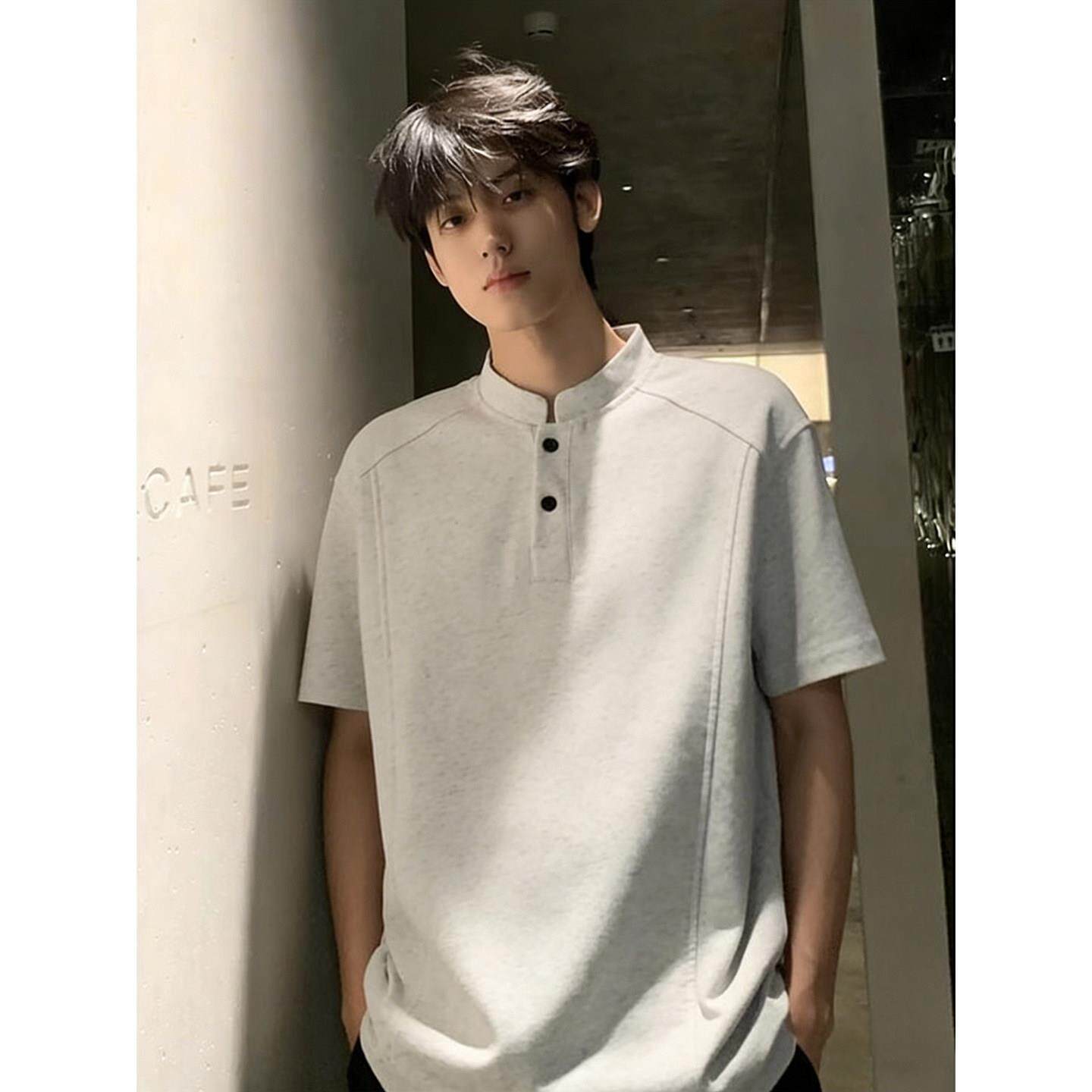 潮男不变形亨利领短袖白灰色美式t恤男款夏cleanfit拼接重磅高级