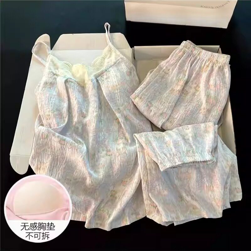 女士可外穿短袖睡衣套装云朵棉夏季吊带长裤大码凉感带胸垫三件套