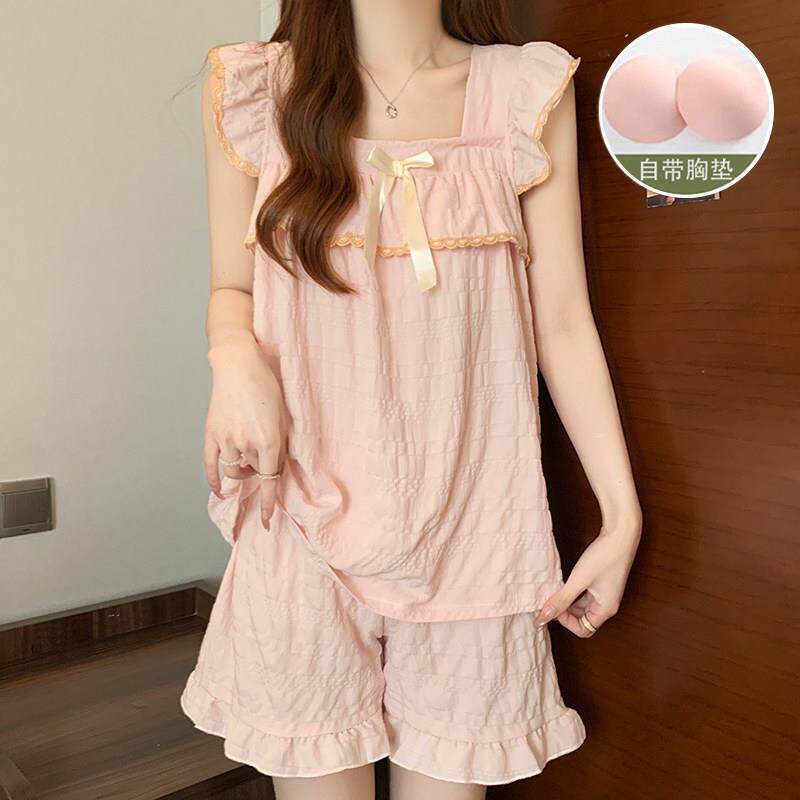 小个子无袖带胸垫家居服垫一体吊带睡衣女士夏天薄款套装女士无袖