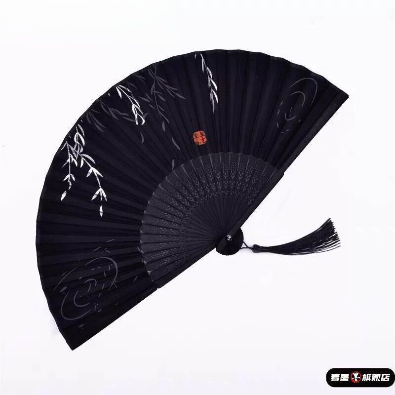 男款便携结实耐用竹骨折扇新中式复古黑色蕾丝旗袍扇子流苏拍照