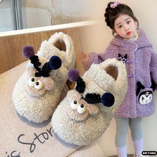 韩版加绒加厚女童勃肯毛毛童鞋2025新款不掉跟卡通男宝豆豆鞋外穿
