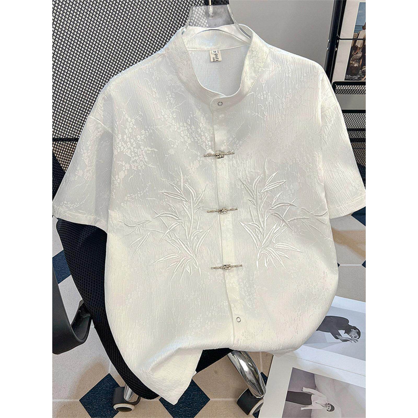 男士新中式中山装短袖2026新款刺绣飞机扣衬衫男女中国风休闲衬衣