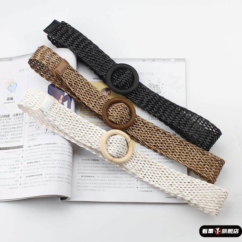 新款韩版棉麻风编织腰带女圆形木扣连衣裙长衫装饰皮带