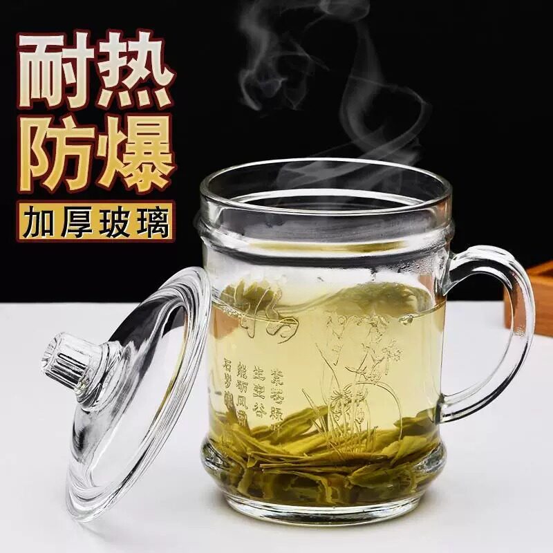 玻璃茶杯耐高温带把手家用喝水杯子泡茶杯办公室有盖男士水杯带把图片