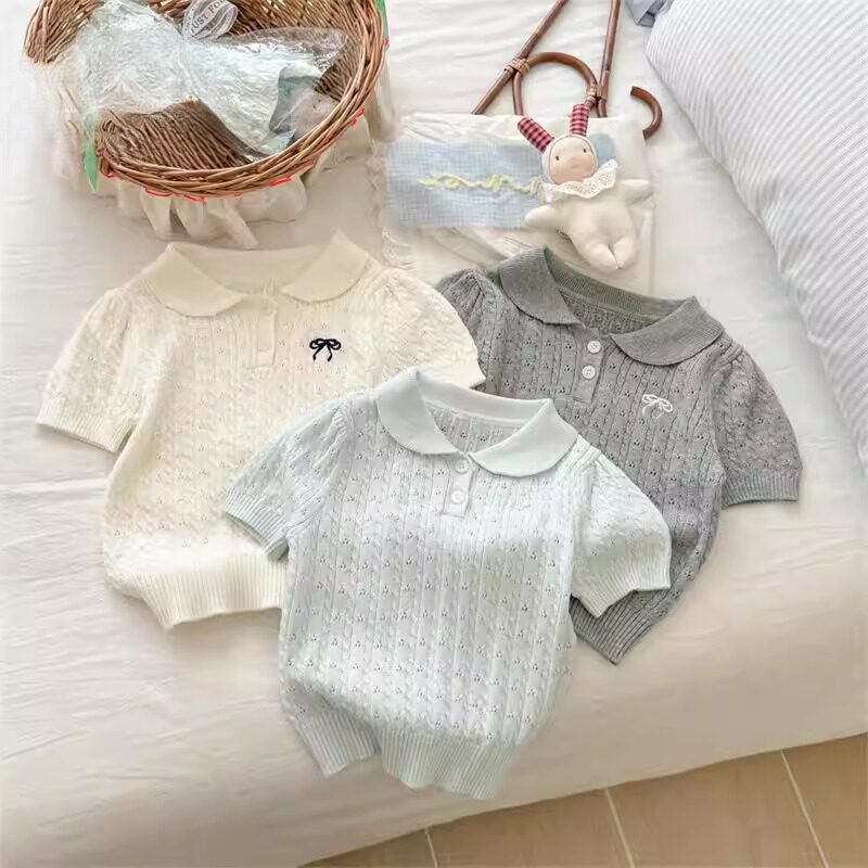 女童薄款针织翻领半袖t恤2026新款夏装装蝴蝶结翻领短袖洋气时髦