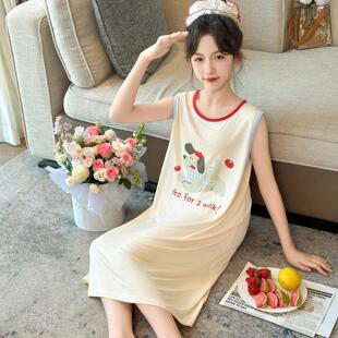 女童吸湿排汗莫代尔睡裙夏季中大童卡通家居服儿童无袖背心裙宽松