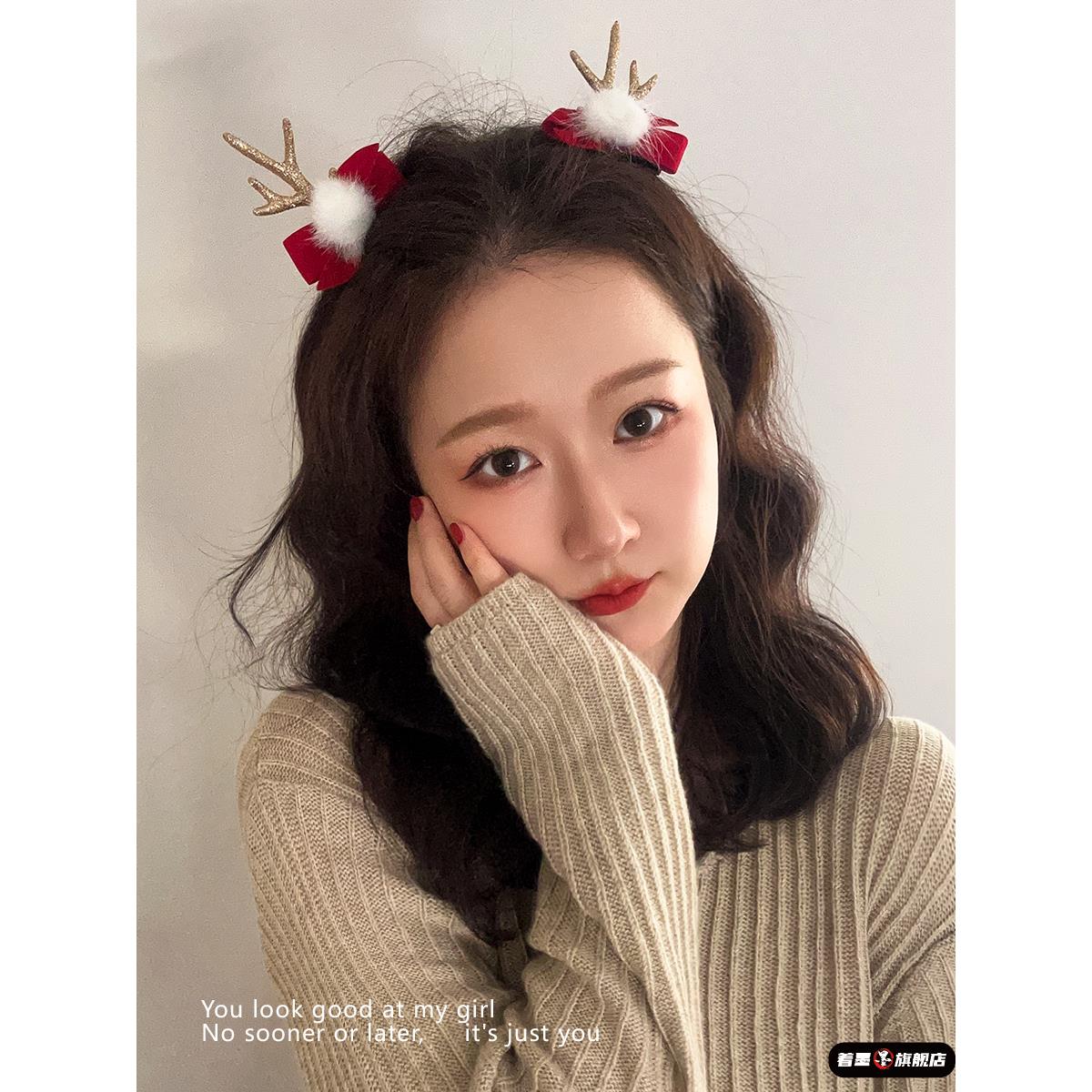 圣诞节鹿角发夹圣诞红色蝴蝶结毛绒头饰女氛