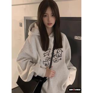 白灰色连帽卫衣女2025秋冬新款爆款初中高中学生美式加绒宽松外套