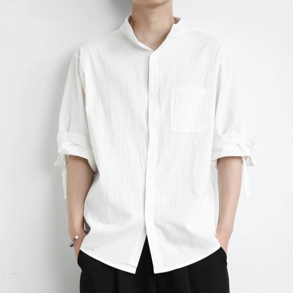 男士棉麻宽松短袖衬衫男垂坠感七分袖衬衣休闲痞帅夏季舒适高级感