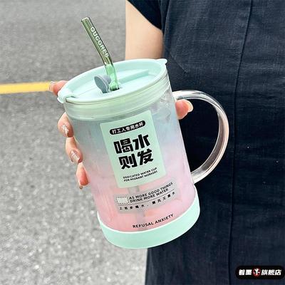 网红大容量玻璃水杯高硼硅泡花茶杯女高颜值带盖把手耐高温吸管杯