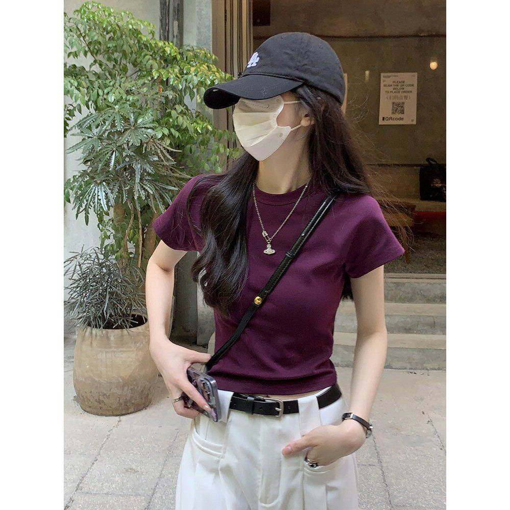 大学生圆领修身显瘦正肩t恤灰色短袖女夏2026新款纯色内搭辣妹打