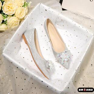 新娘日常可穿平底婚鞋法式水晶女秀禾主婚纱两穿孕妇低跟不累脚鞋